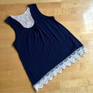 Papermoon Flowy Crochet Detail Tank Top, Navy Blue, White, Size M